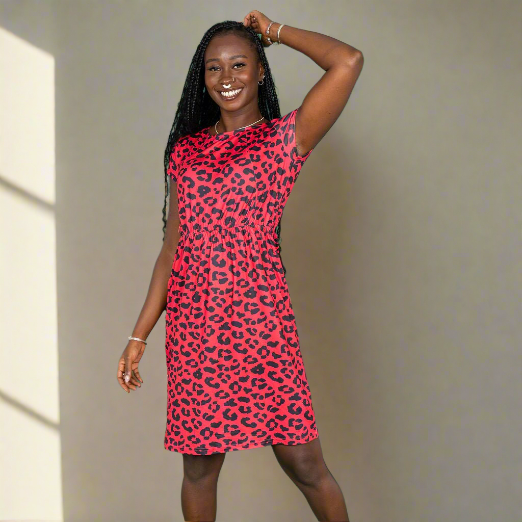 Red Leopard Print Knee-Length Nursing Dress