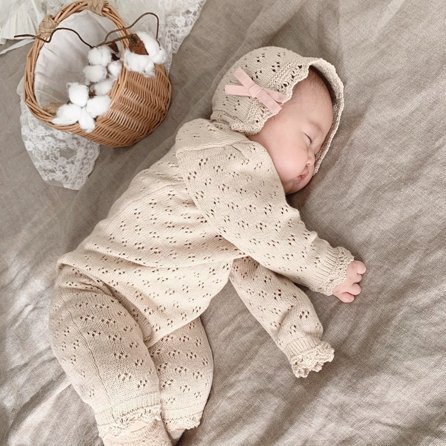 LaceNest™ – Knitted Hollow Baby Romper with Hat