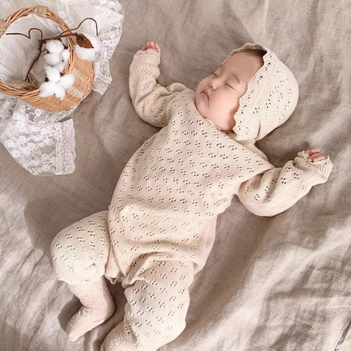 LaceNest™ – Knitted Hollow Baby Romper with Hat