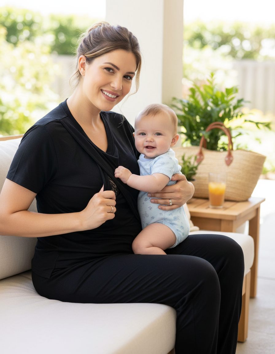 Black Cotton Nursing Pyjama Set