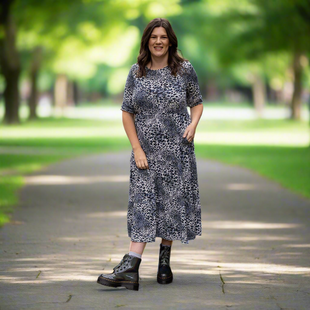 Grey Leopard Print Nursing Midi Dress