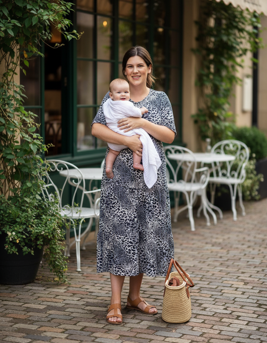Grey Leopard Print Nursing Midi Dress
