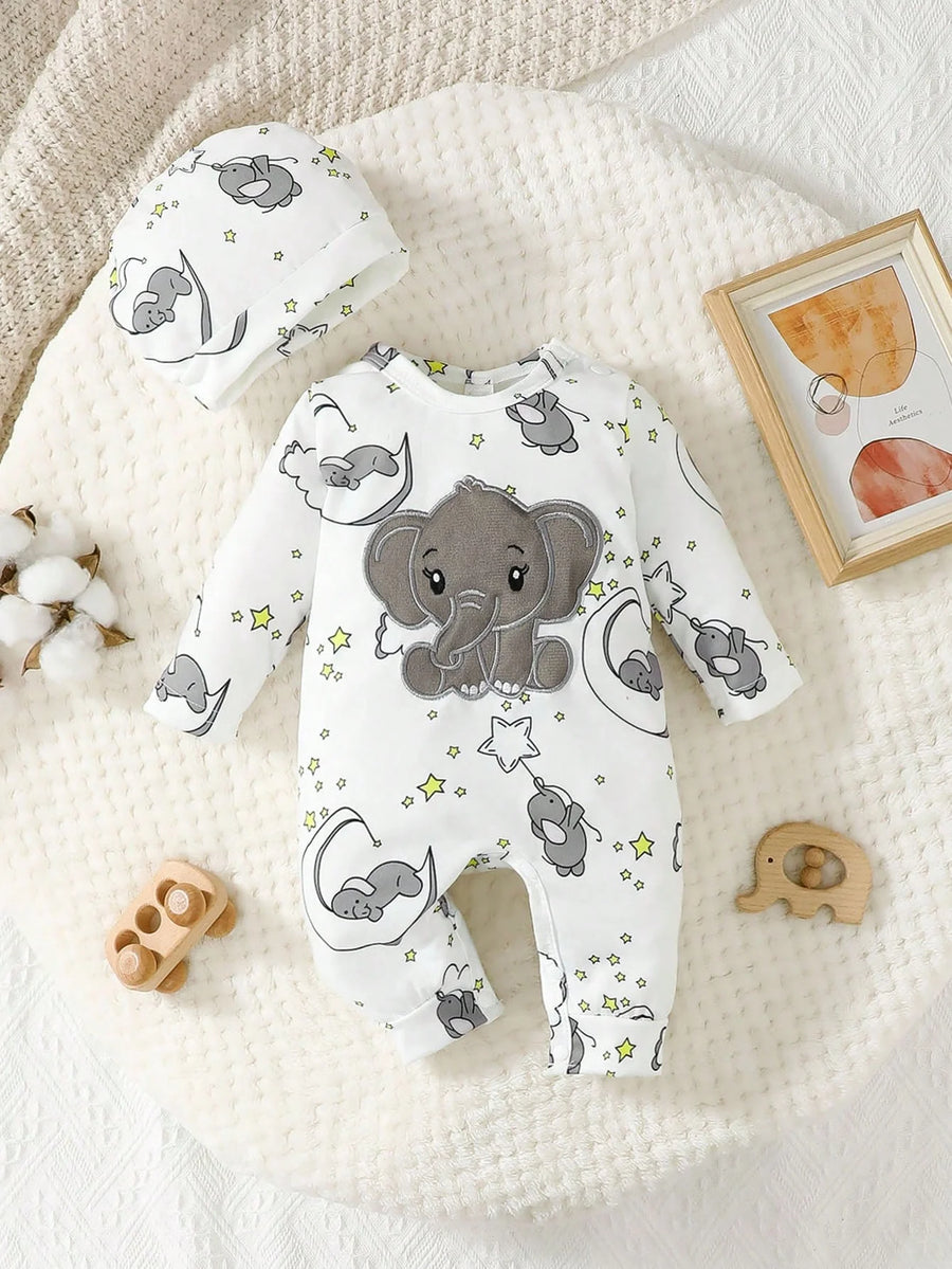 Cartoon Elephant Embroidered Long-Sleeve Baby Romper, 2-Pack