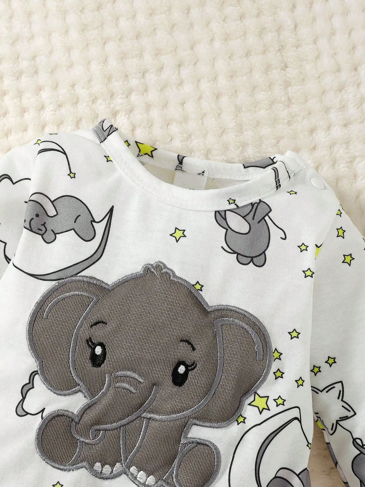 Cartoon Elephant Embroidered Long-Sleeve Baby Romper, 2-Pack