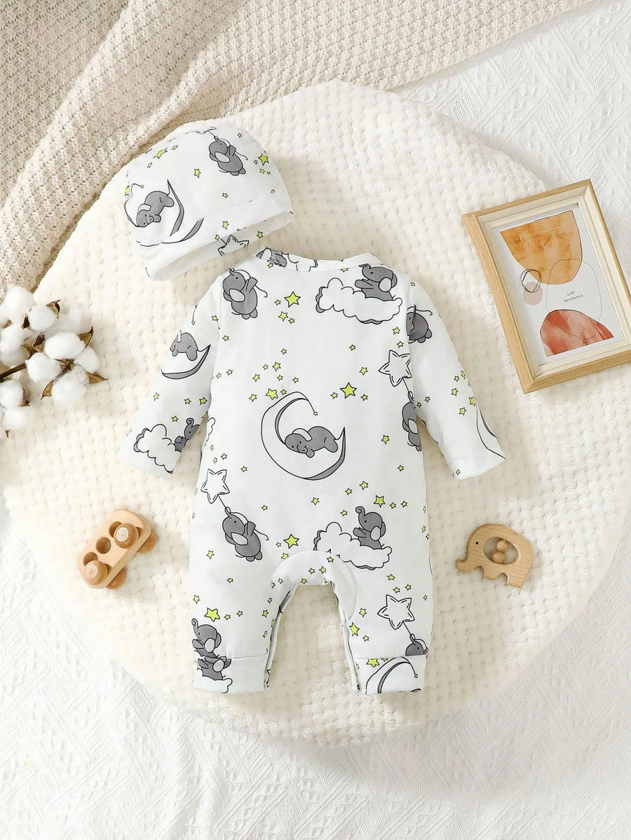 Cartoon Elephant Embroidered Long-Sleeve Baby Romper, 2-Pack