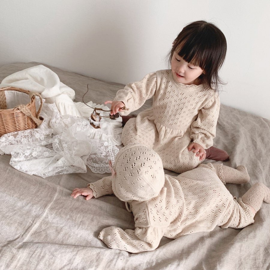 LaceNest™ – Knitted Hollow Baby Romper with Hat