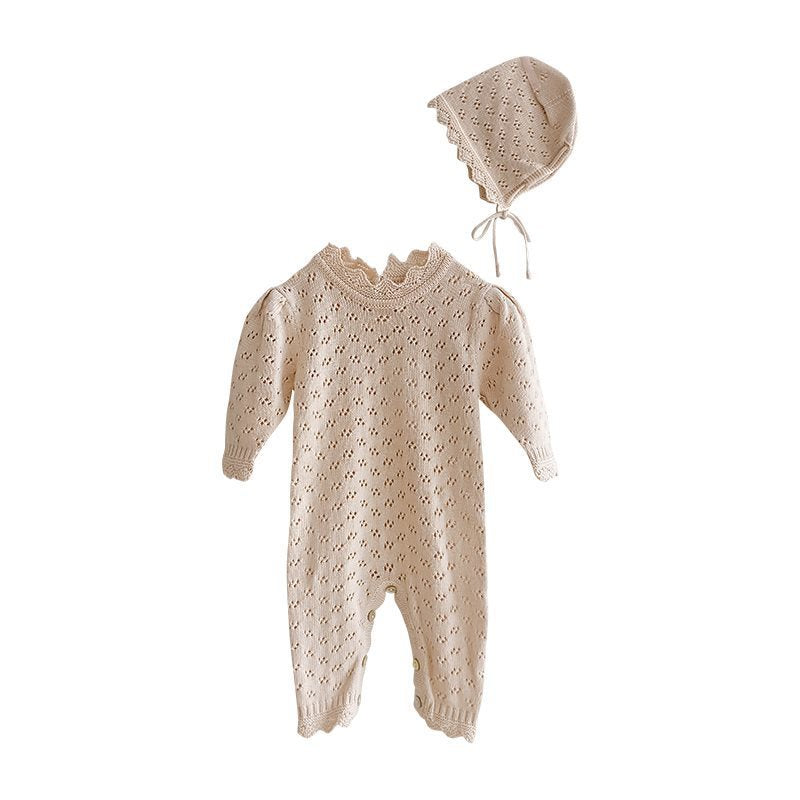 LaceNest™ – Knitted Hollow Baby Romper with Hat