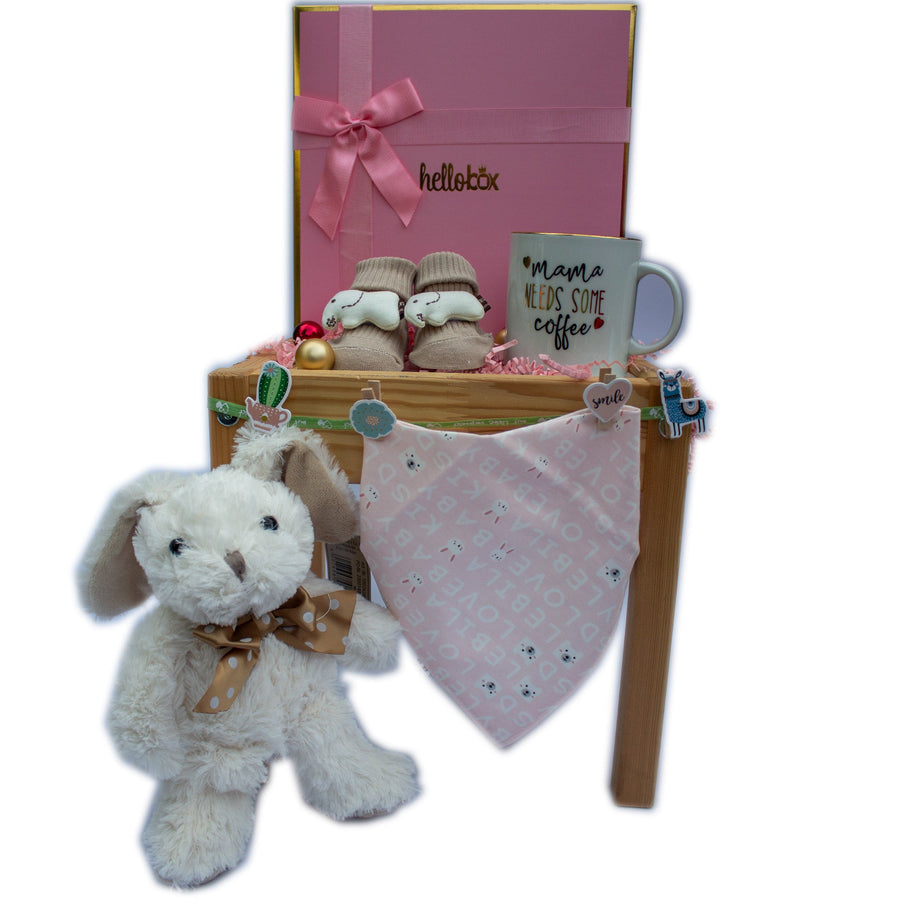 Newborn Girl Gift Set - White Bunny &amp; Elephant (Coffee Mug Edition)