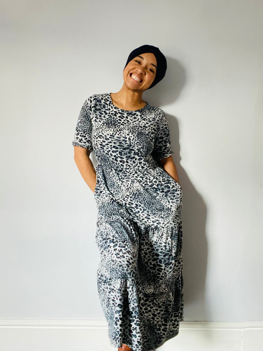 Grey Leopard Print Nursing Midi Dress